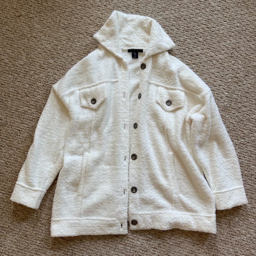 Tahari Cream Teddy Cardigan with Button-Up Design Size 1X